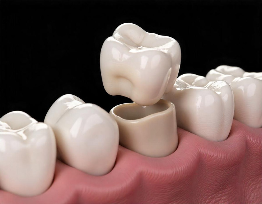 Dental crown being placed over a prepared tooth to restore its shape and function.